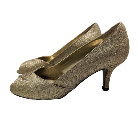 Gold Heels Womens Size 7.5 Sparkle Glitter Glam Wedding Dress Peep Toe Metallic - Picture 4 of 16